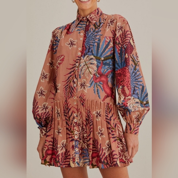 FARM RIO Long Sleeved Mini Dress- Beaded Forest Pink Sz XS. NWOT - Picture 2 of 10